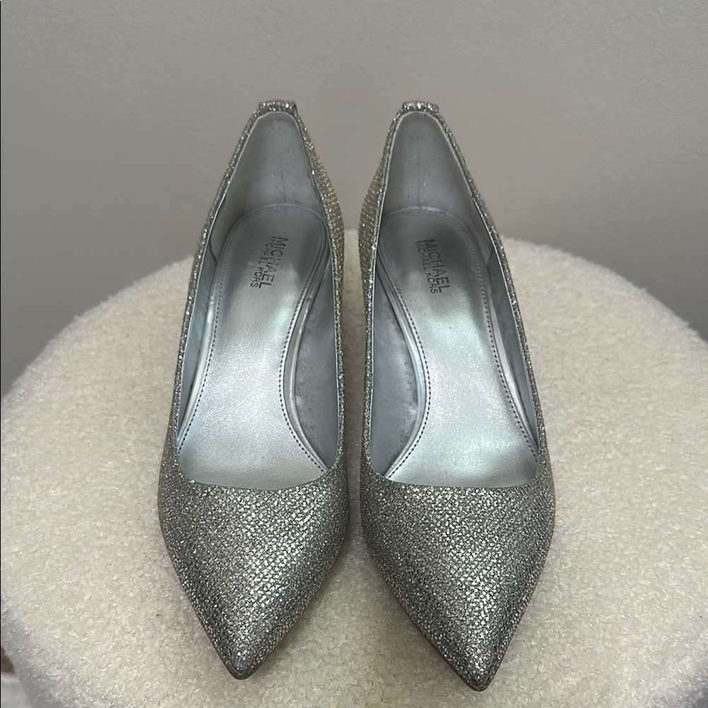 Michael Kors Flex Kitten Pump Pointed Heel Silver Glitter Stiletto Heels